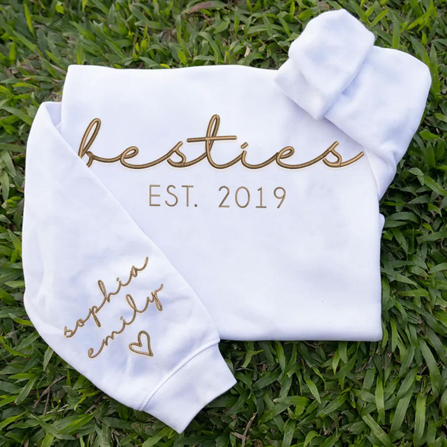 Custom Sweatshirt, Personalized Bestie Embroidered Sweatshirt, Best Friend Sweatshirt, Names on Sleeve, Best Friend Gifts, Gifts For Friends, Valentine Gifts, Gifts for Her